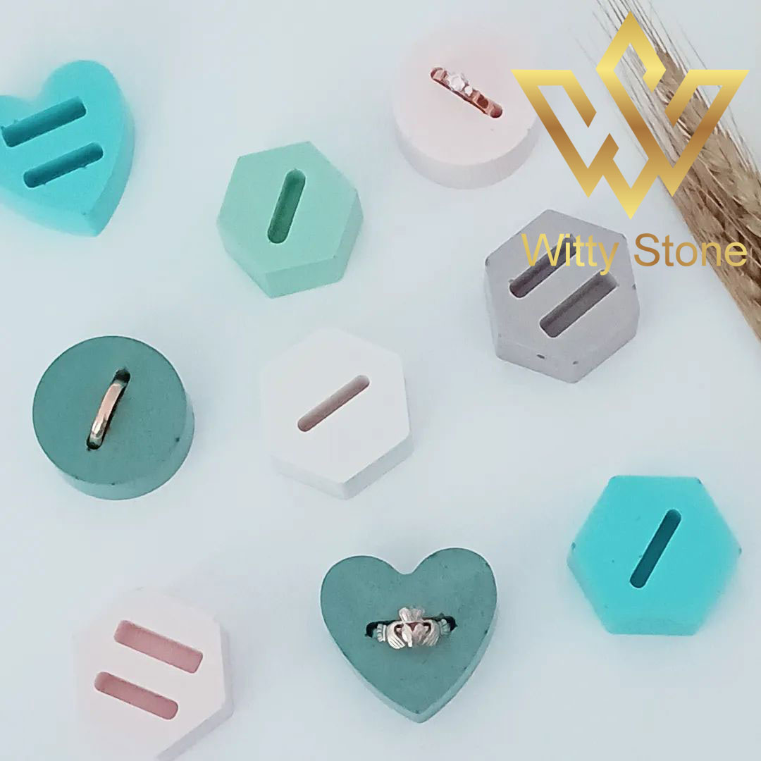 8Pcs Concrete Ring Holder Set | Single, Double, Heart, Round, Hexagon & Cubic Jewelry Display | Witty Stone - Image 5