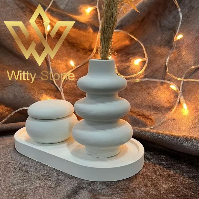 3pc Home Decor Set Handmade Concrete Mini Vase, Oval Tray, and Mini Pot for Stylish Girls Home Decoration | Witty Stone - Image 5