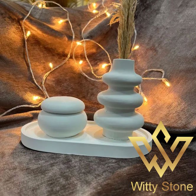 3pc Home Decor Set Handmade Concrete Mini Vase, Oval Tray, and Mini Pot for Stylish Girls Home Decoration | Witty Stone - Image 4
