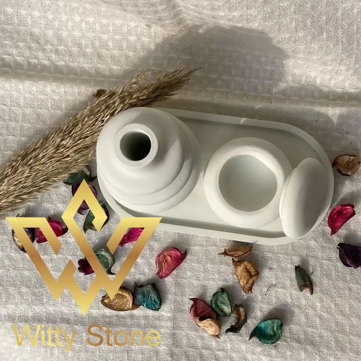 3pc Home Decor Set Handmade Concrete Mini Vase, Oval Tray, and Mini Pot for Stylish Girls Home Decoration | Witty Stone - Image 3